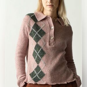 Lingua Franca Lee Distressed Argyle Knit Polo Shirt Pink Wool Sweater Women's 2X